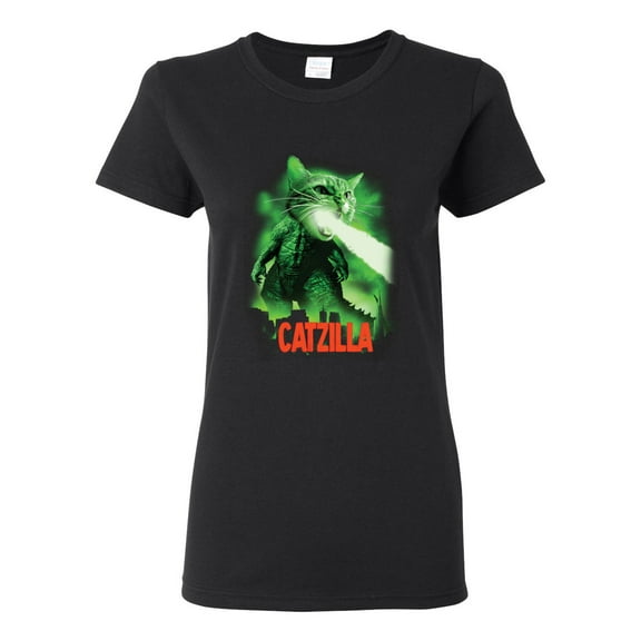 Catzilla Parody Taking Over City | Womens Cat Lover Graphic T-Shirt, Black, Small