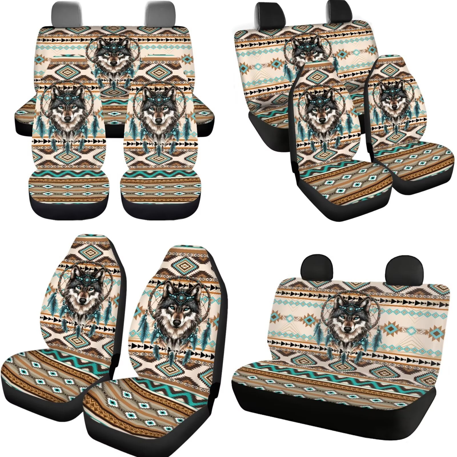 Garronmavis Aztec Wolf Car Seat Covers Set Easy Installation Car Accessories Set 11 Pcs with Auto Headrest Cover+Handbrake Gear+Shift Knob Cover+Auto Cup Coaster+Wristlet Keychain