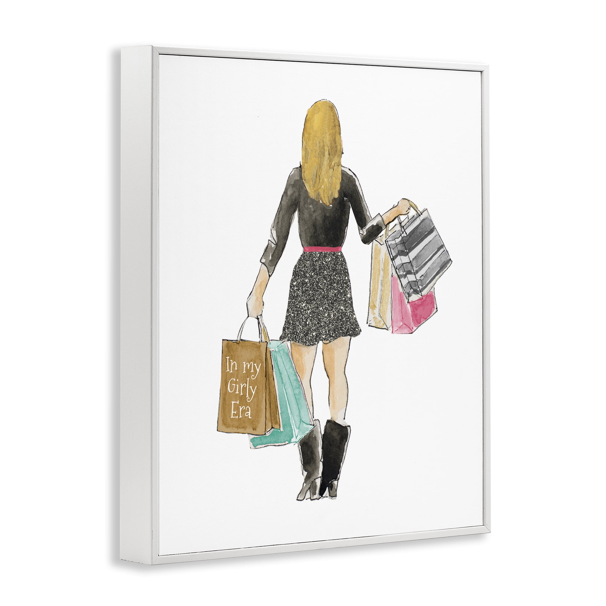 Stupell Industries Girl With Shopping Bags White Framed Giclee Art, design by Lanie Loreth