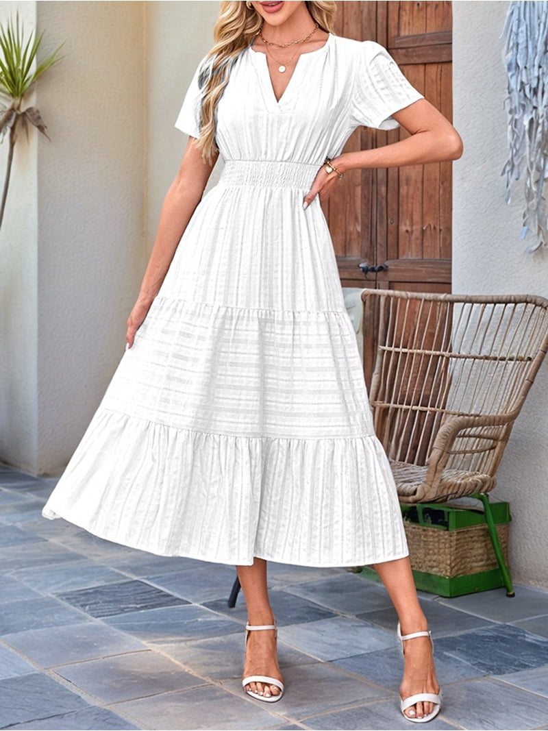 Women's short sleeve Dresses Summer V Neck Elastic Waist Maxi Dress White S Women's short sleeve Dresses Summer V Neck Elastic Waist Maxi Dress White S