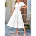 thumbnail image 4 of Womens Summer Casual Midi Maxi Dresses Light-Weight Short Sleeve V Neck Elastic Waist Boho Beach Dress Pockets White S, 4 of 8