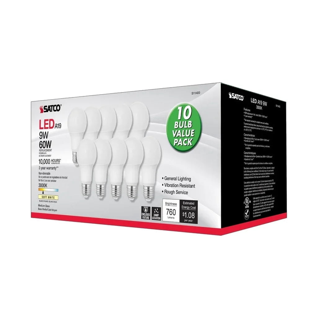 Satco 60W Equivalent Warm White A19 Medium LED Light Bulb (10-Pack) S11400