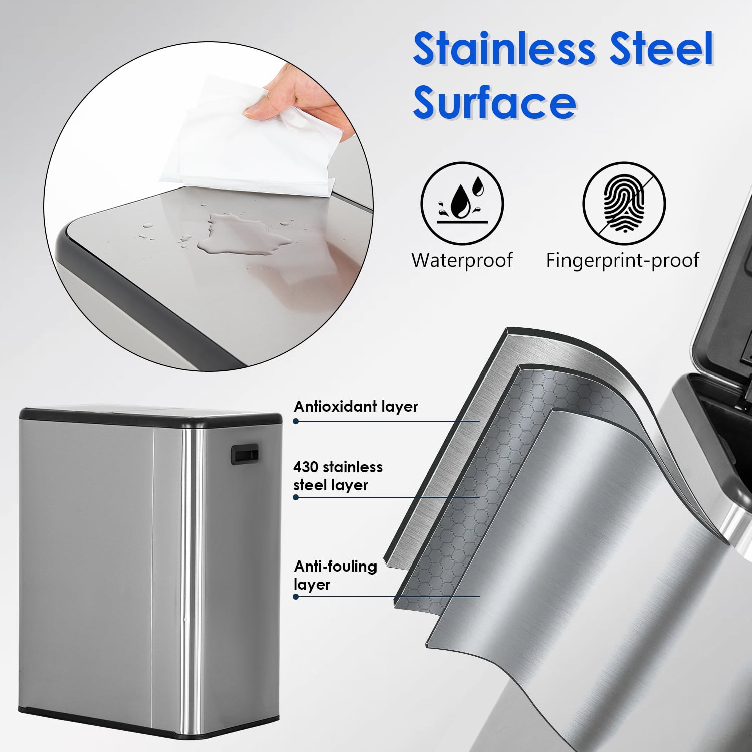 Kitchen Trash Can, 16 Gallon Garbage Can with Dual Inner Bins, Large Capacity 60 Liter Trash Can with Soft-Close Foot Pedal, Wide Stainless Steel Trash Bin, Rectangular Recycling Bin, Sliver