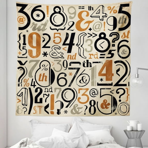 Number Tapestry, Various Vintage Numeral Mathematical Nostalgic Typography Art, Fabric Wall Hanging Decor for Bedroom Living Room Dorm, 5 Sizes, Dark Orange Beige Black, by Ambesonne