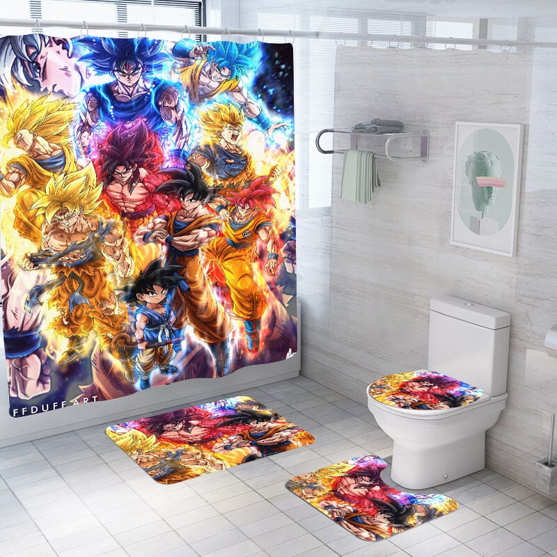 Dragon Ball Super Bathroom Rug Shower Curtain 4PCS Bath Mat Toilet Lid Cover Mat 