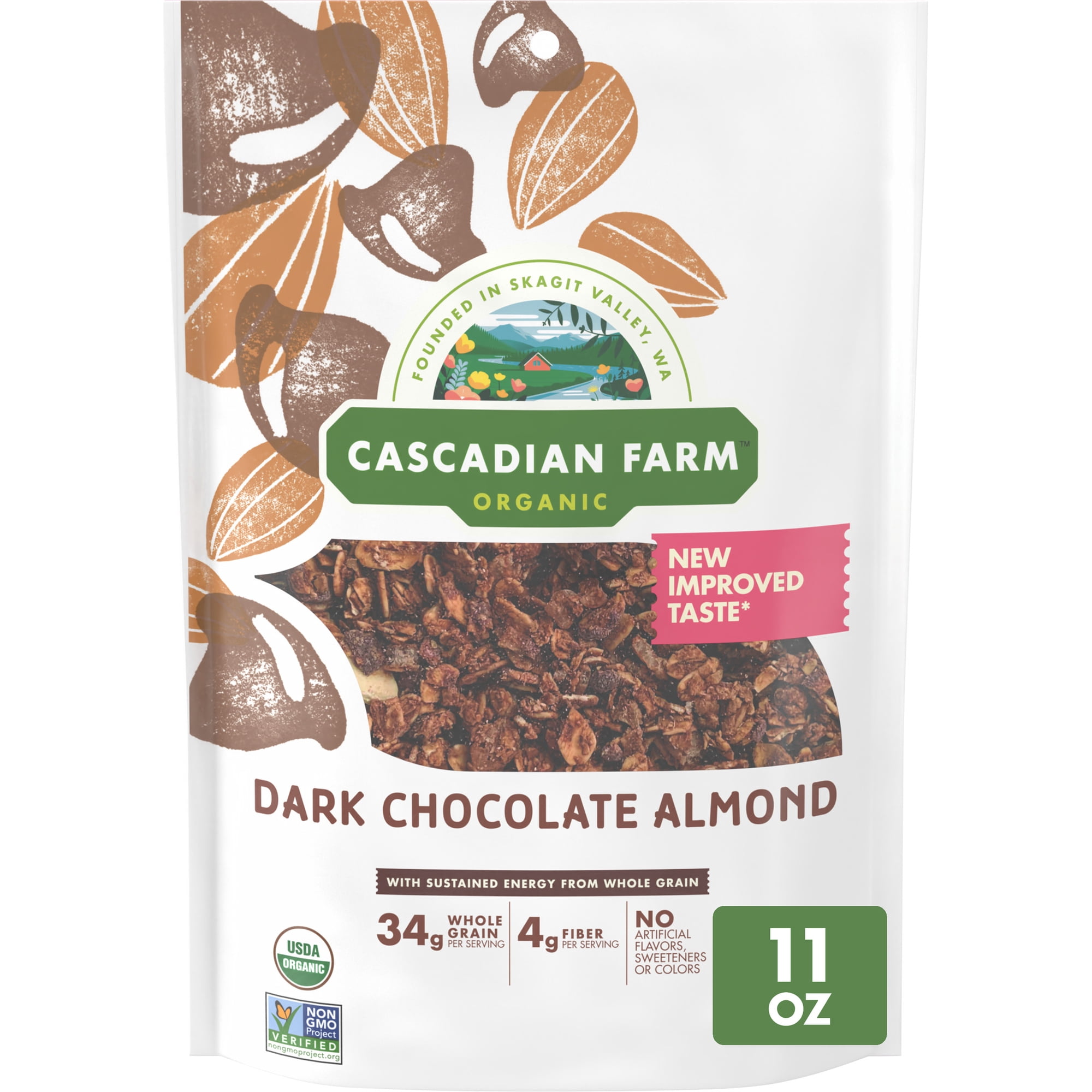 Cascadian Farm Organic Granola, Dark Chocolate Almond Cereal, Resealable Pouch, 11 oz