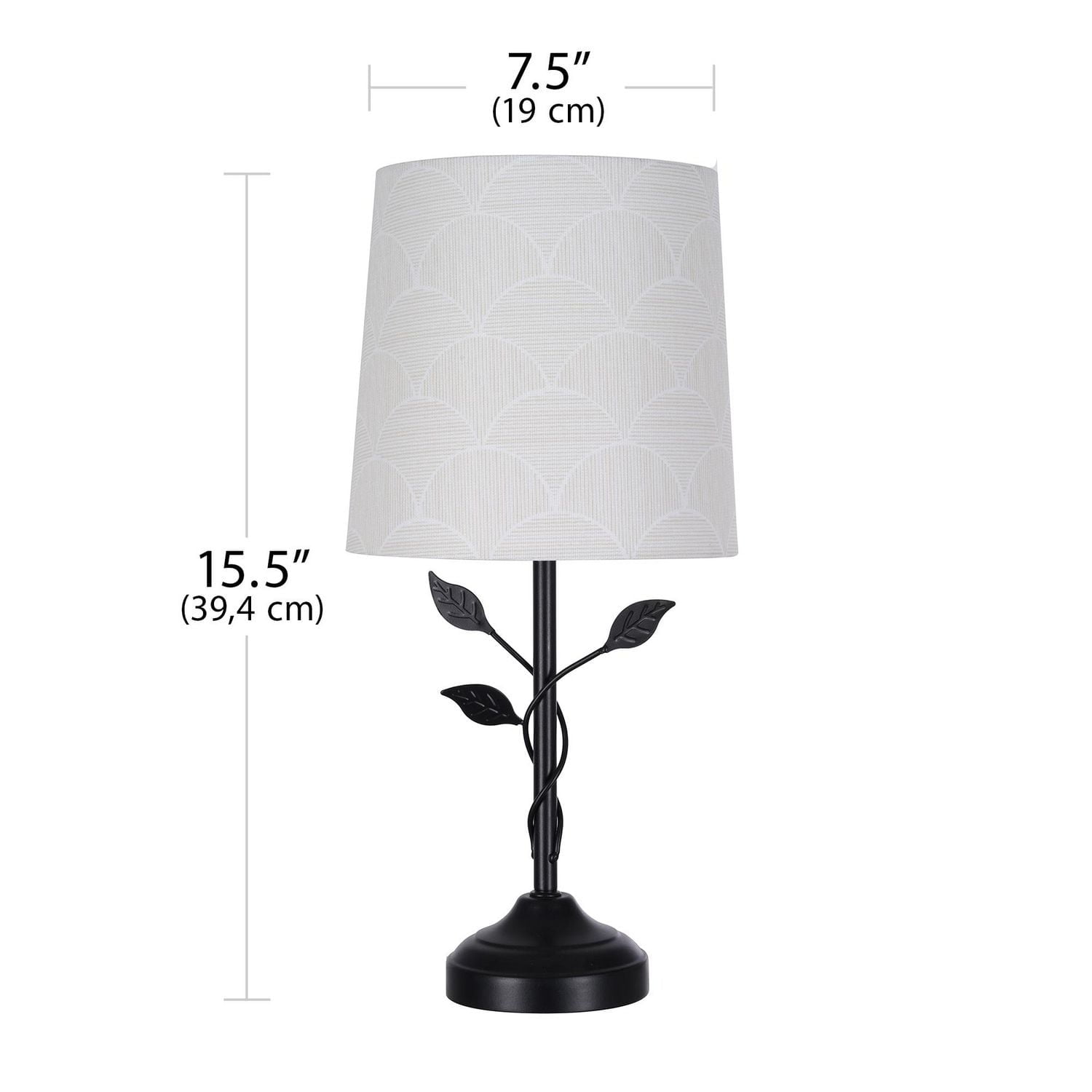 Home Trends 15.5" Matte Black Metal Table Lamp with Leaf Detail and Patterned Fabric Shade in Cream