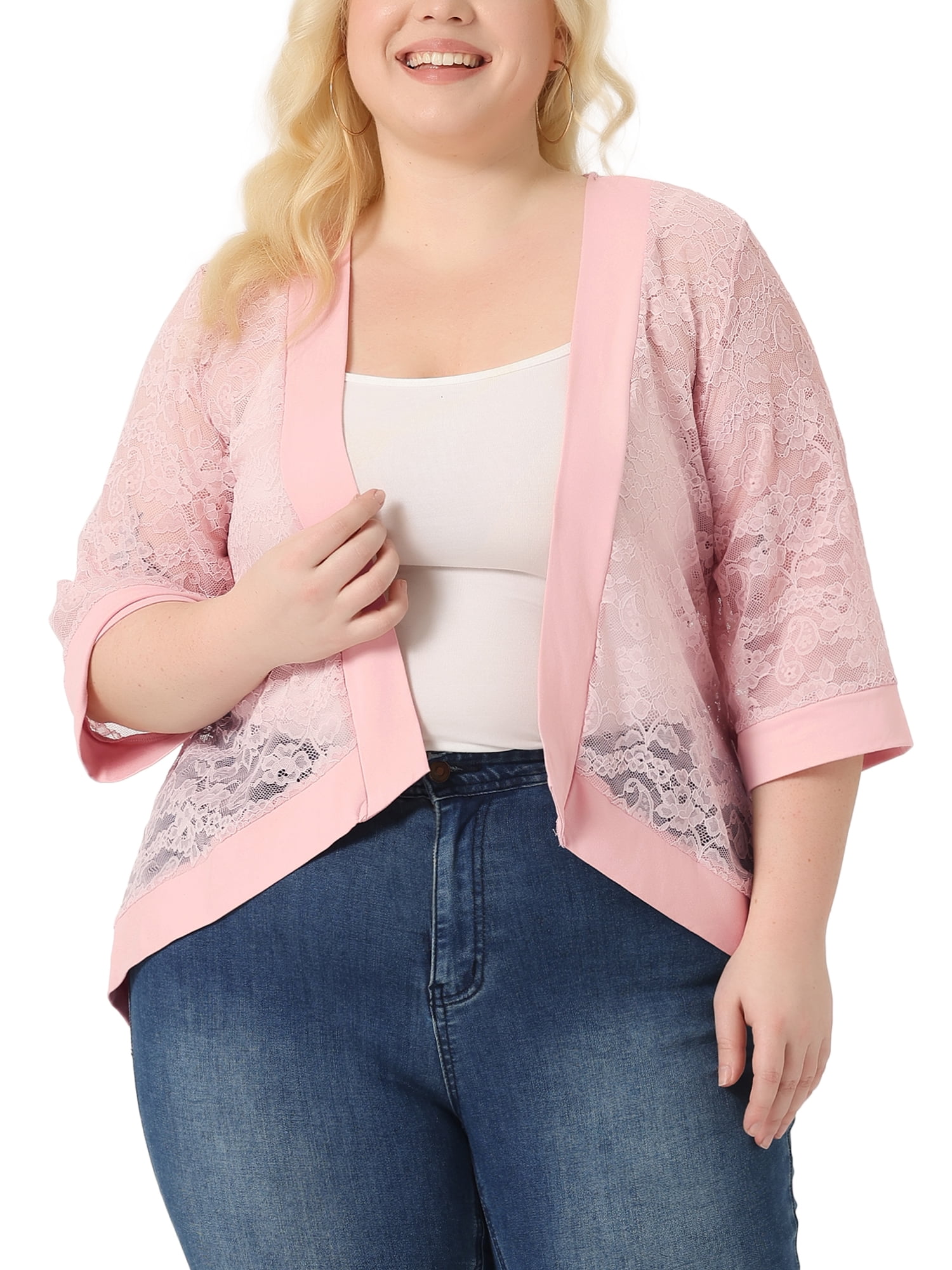 DARING DIVA Plus Size Bolero Outfits Lace Panel Sheer Cardigans 2X Light Pink
