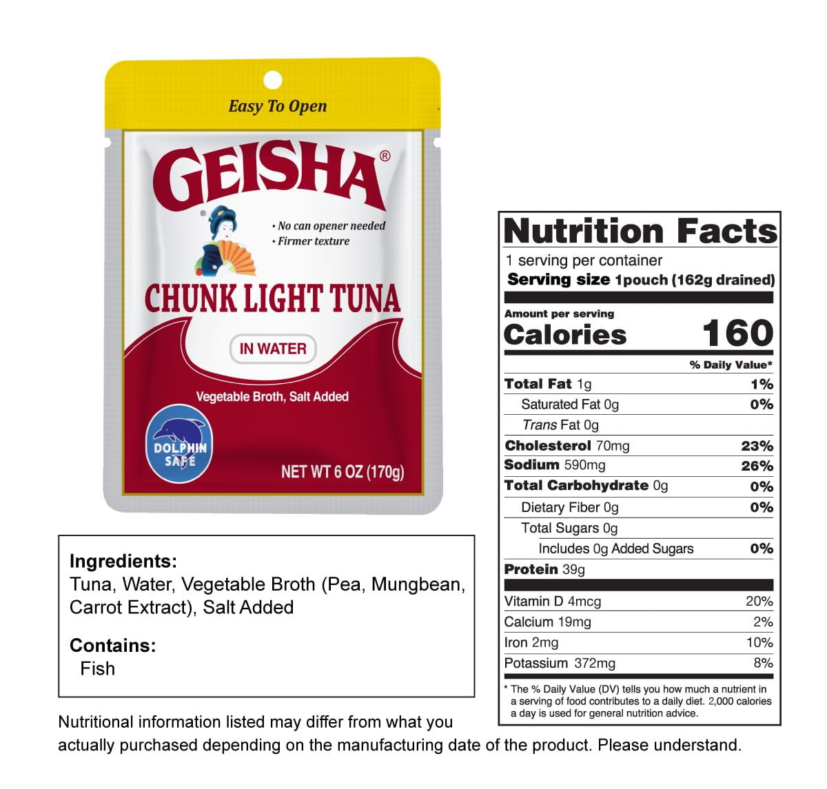 GEISHA Chunk Light Tuna in Water 6.00oz (Pack of 24), Tuna| HALAL & Kosher Certified – Gluten Free – Wild Caught – Dolphin Safe Catch – Good Source of Protein