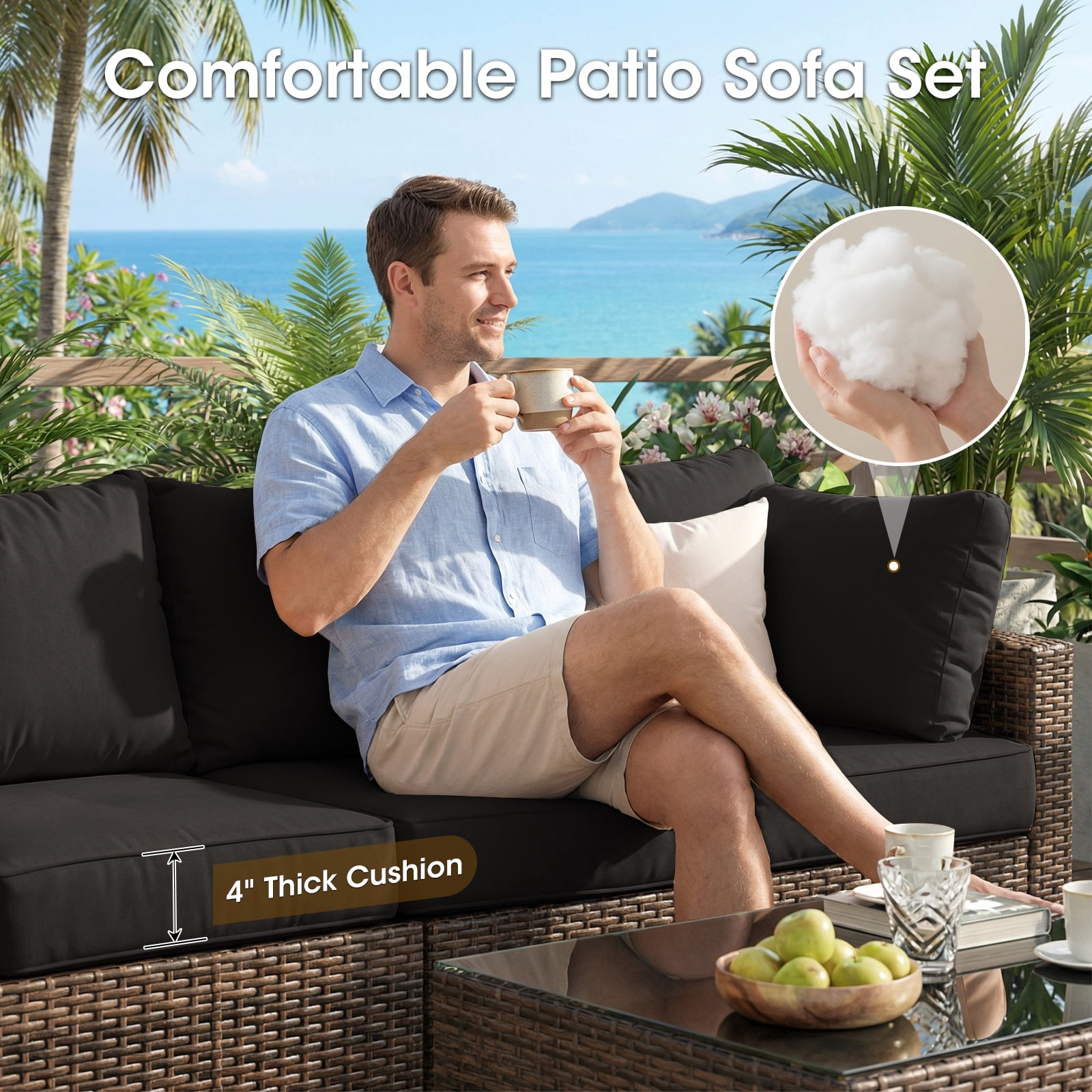 Gaildon 7 Patio Outdoor Furniture Wicker Sectional Sofa Couch Lawn Sectional Black Glass Table, Black