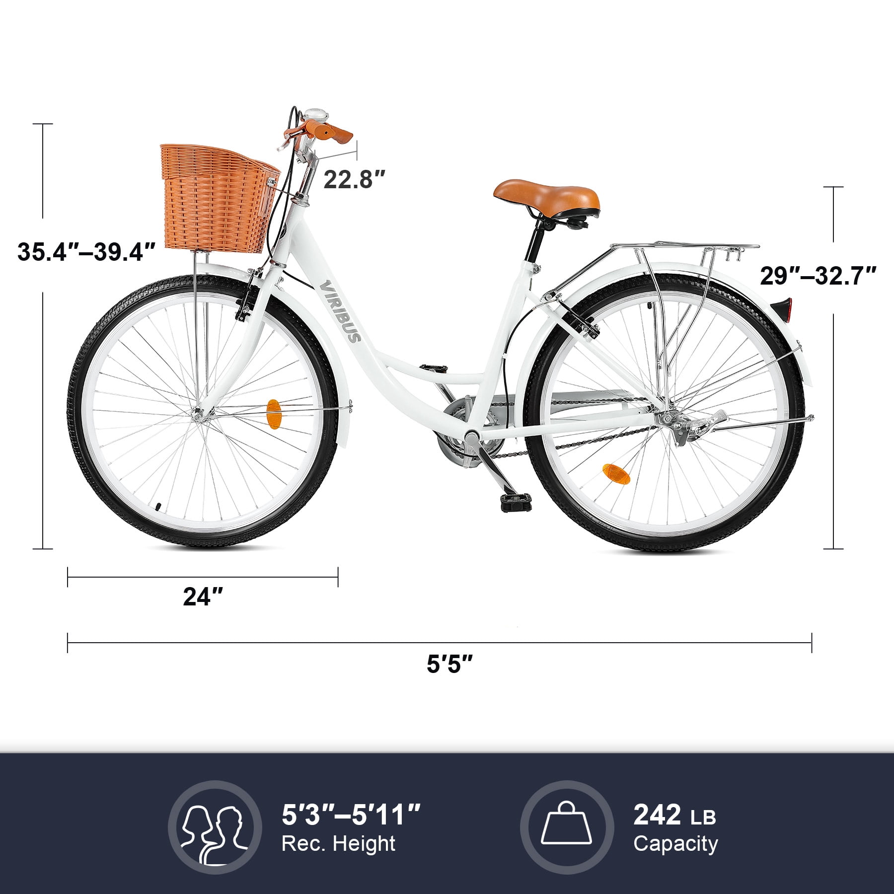 Viribus Women's Comfort Bike 24 inch Beach & City Cruiser Bicycle with Basket Rack White
