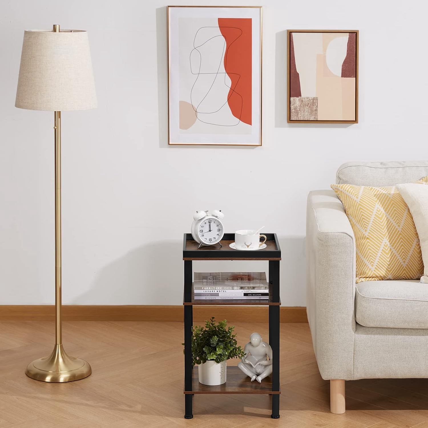 Small Side Table for Small Spaces - Slim End Table with Magazine Holder - 2 in 1 Design Narrow End Table Living Room - Skinny Bedside Table Nightstand Bedroom Thin Side Table, Rustic Brown