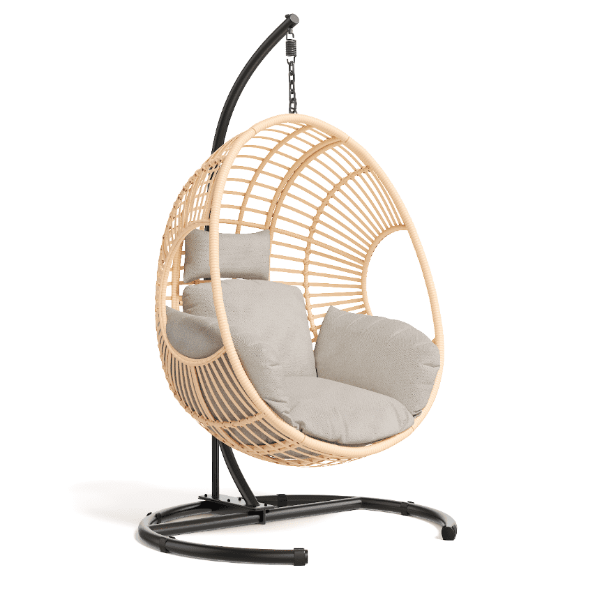 Extra Wide Hanging Egg Chair with U Base & Stand, 400 lb Capacity Patio Swing Chair with 8-Inch Thick Cushion, Weatherproof PE Rattan + Waterproof Cover for Garden, Natural