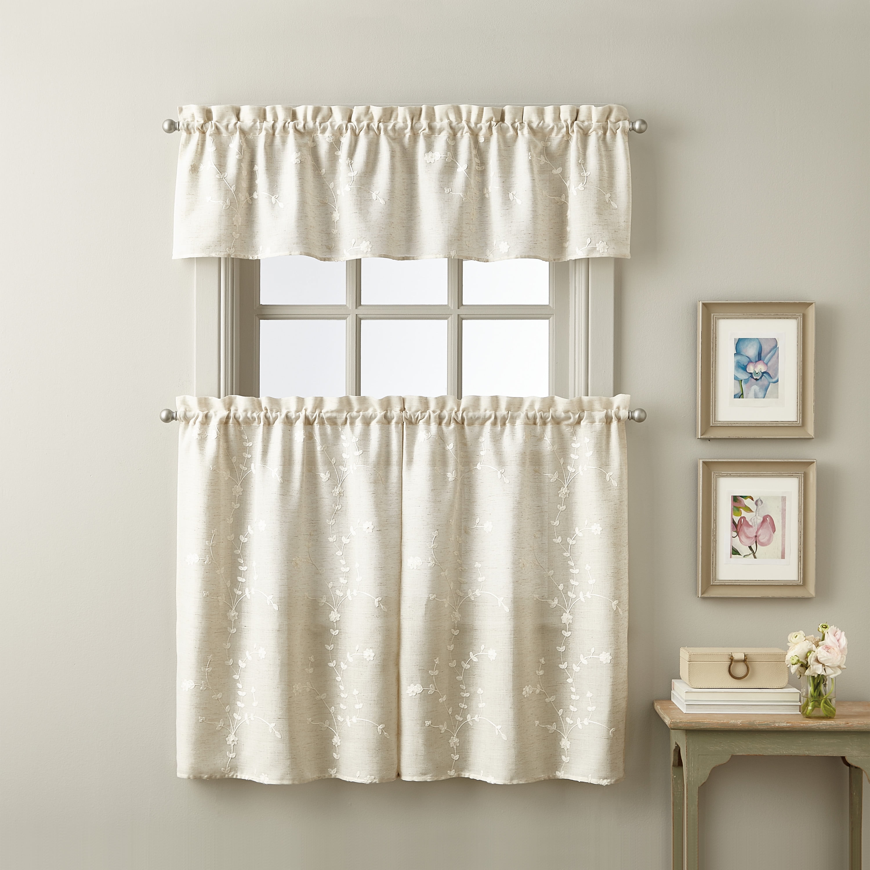 CHF Lynette Indoor , Polyester/Linen/Other Fiber , Light Filtering Tier Set Rod Pocket , Linen , 56"x36", Set of 2