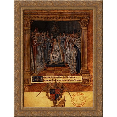 Louis XI chairing a chapter 24x18 Gold Ornate Wood Framed Canvas Art by Jean Fouquet