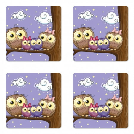 

Bird Coaster Set of 4 Cartoon Style Owl Bird Family Mother Father Daughter Son Sitting on a Branch Square Hardboard Gloss Coasters Standard Size Lavender and Brown by Ambesonne