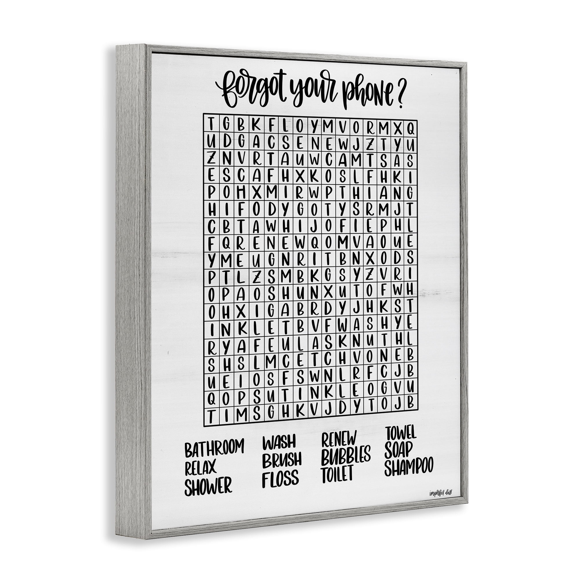 Stupell Industries Forgot Phone Bathroom Wordsearch Gray Framed Giclee Art, design by Imperfect Dust