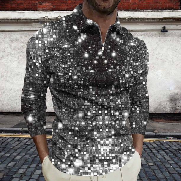 Blusa y camisa de manga larga con cuello vuelto para hombre, jersey de solapa de manga larga con cremallera, blusa informal con estampado BlingBling a la moda para hombre, poliéster