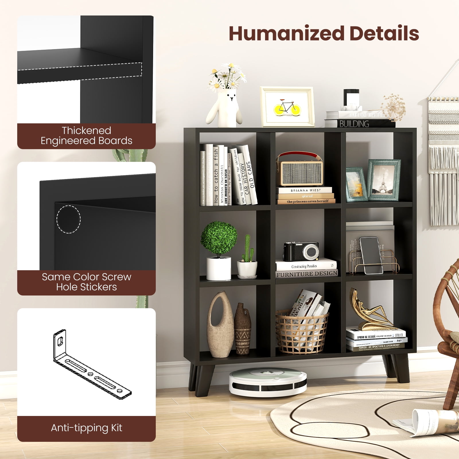 Costway 2PCS 9-Cube Bookcase with 6 Removable Shelves Raised Support Feet for Living Room Black
