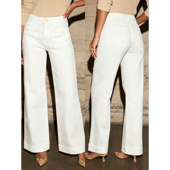 Off white Womens Wide Leg Jeans, High Rise Straight Leg Denim Pants