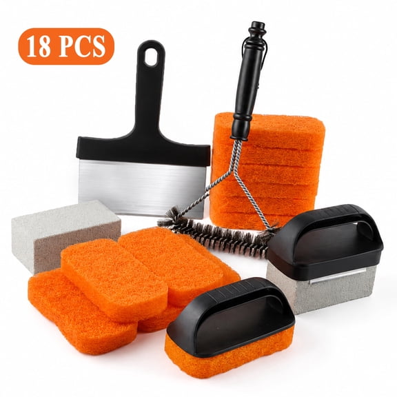cyrico 18 PCS Griddle Cleaning Kit, Flat Top Grill Cleaning Kit with Scraper, Grill Brush, Grill Stones and Scouring Pads, Heavy Duty Grill Cleaner Kit for Easy Grease & Stain Removal