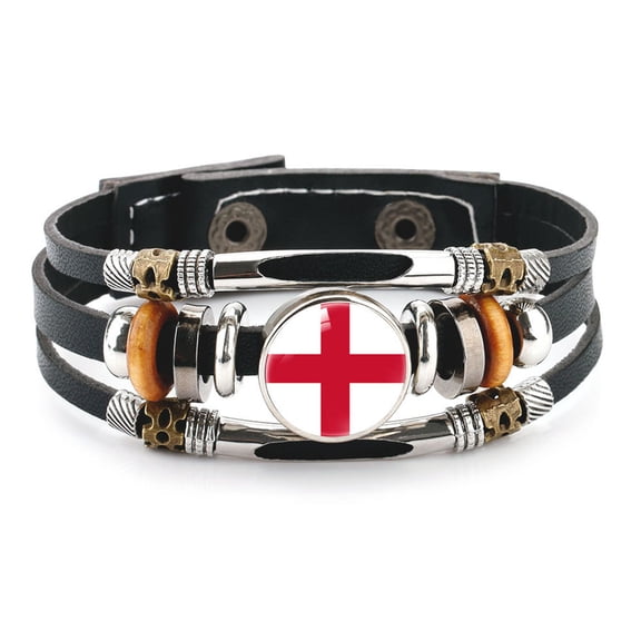 Uijokdef Country Flag Leather Bracelet, Multi-Layer Black Cowhide Design, 7.87 Inches