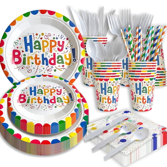 Happy Birthday Plates and Napkins Set, Disposable Party Supplies Serves 10 for Birthday Decorations, 90Pcs