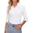 thumbnail image 2 of Women Button Down Shirts 3/4 Sleeve Basic Business Dress Shirt Collared Work Office Slim Fitted Classic V Neck Button Up Blouse Tops White XL, 2 of 6