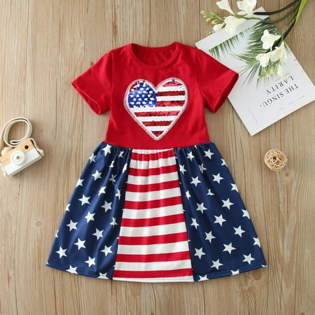 

ZMHEGW Toddler Kids Girls Clothes Summer Independence Day Stars Stripes Glitter Sequin Dress Casual Ruffle 4Th Of July Dresses Outfits