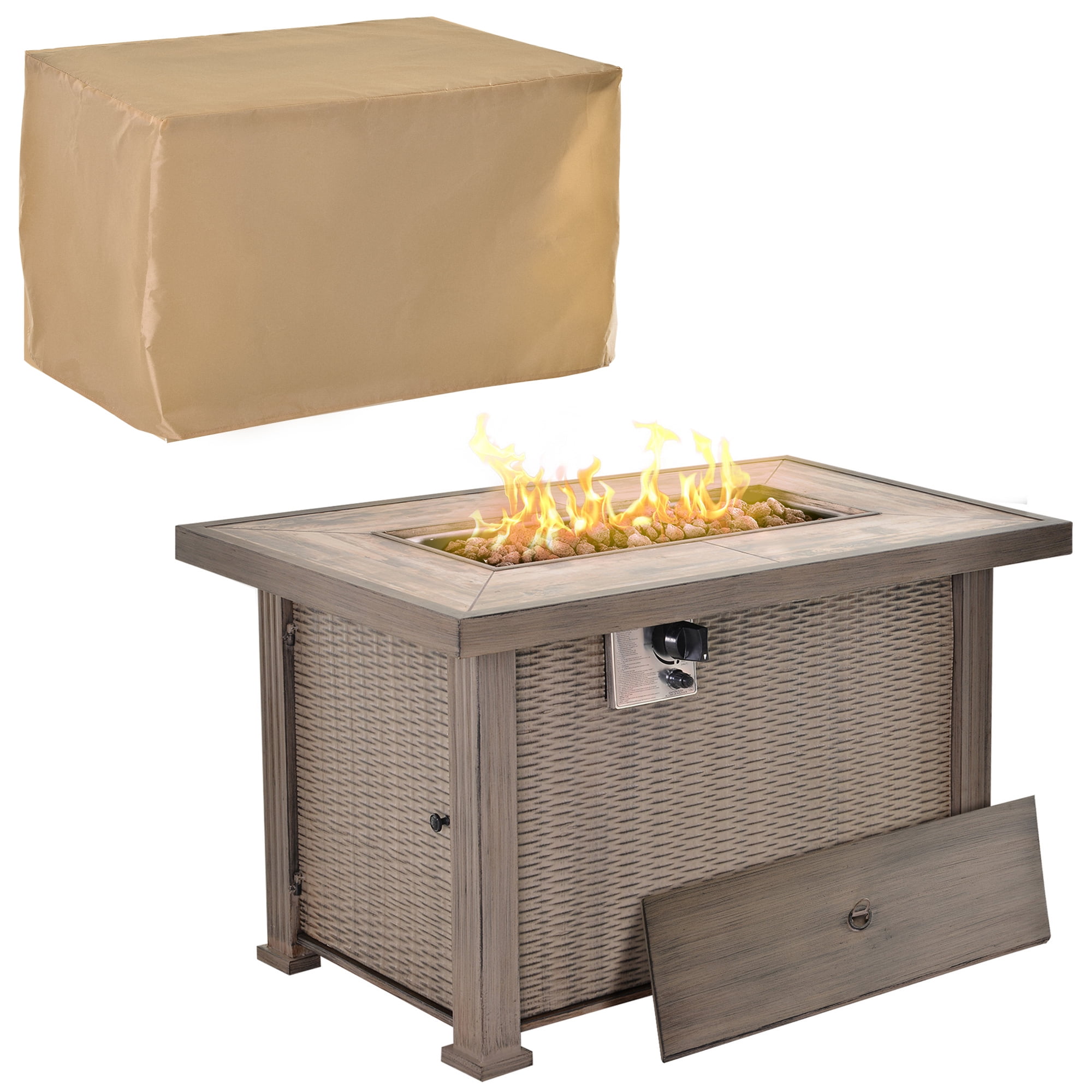 Aimee Lii 50,000 BTU Auto-Ignition Gas Fireplace Fire Pits, 42" Propane Fire Pit Table with Ceramic Tabletop, Steel Base, Lid, Lava Rocks and Cover, Gray