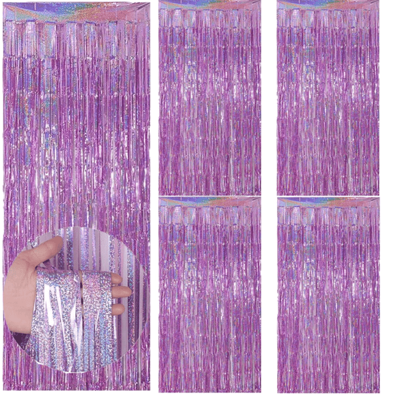 5 Pack 3.3 ft x 6.6 ft Pinkish Purple Tinsel Foil Fringe Curtains, Metallic Photo Booth Backdrop for Birthday Party Decoration