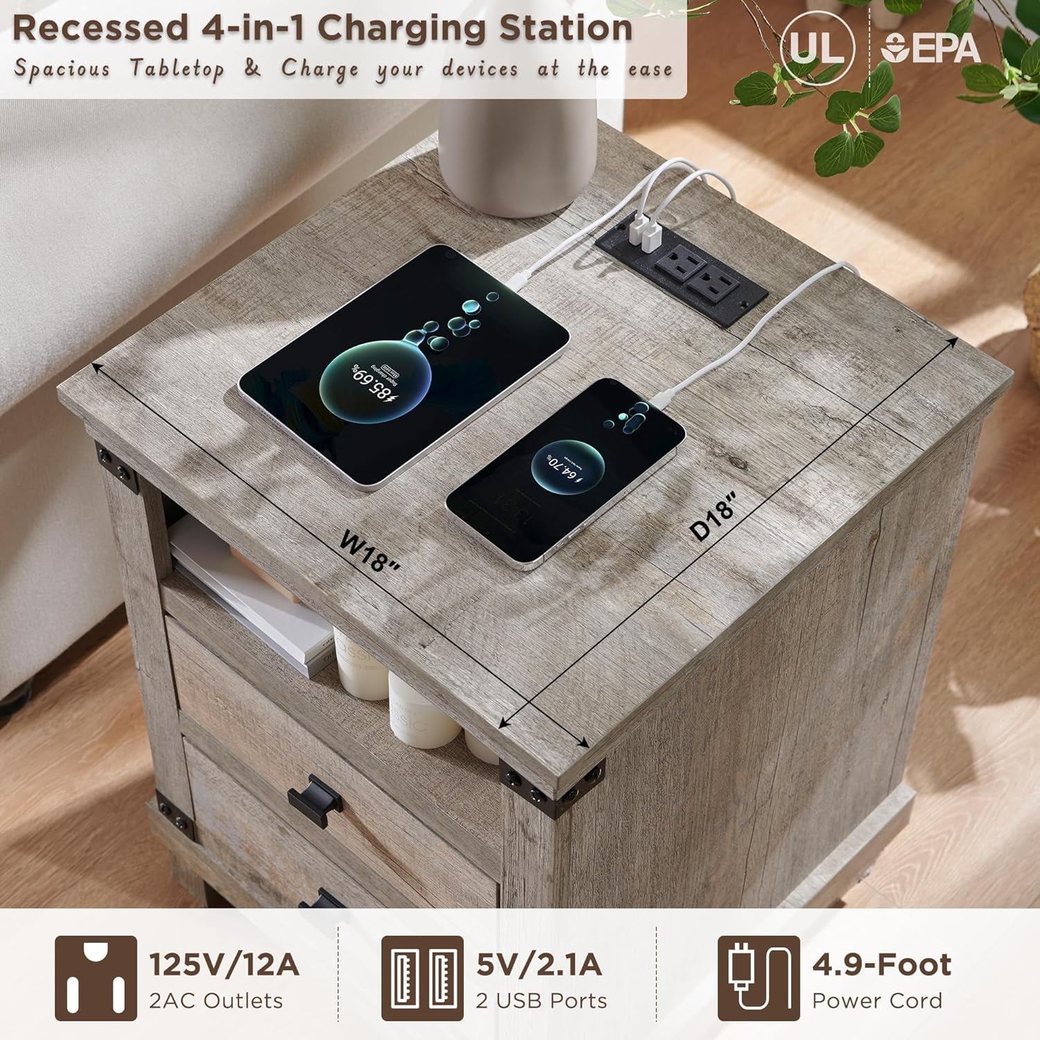 OKD Farmhouse 18" Nightstand with Charging Station, Rustic Metal Wood End Tables with Adjustable Shelves, End Tables，Light Rustic Oak