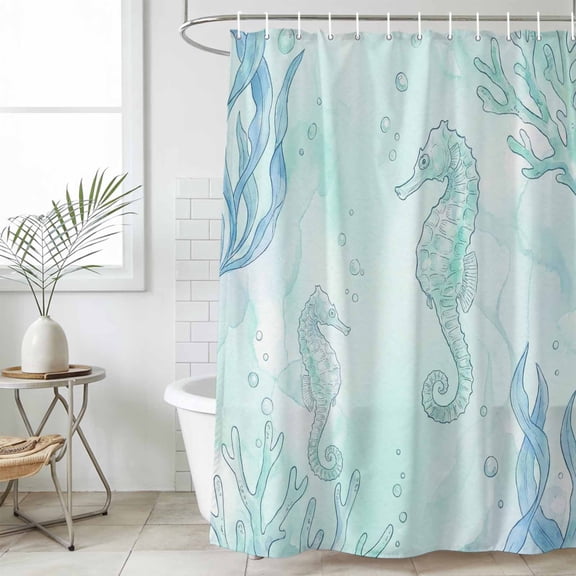 Teal Blue Seahorse Coastal Extra Long Shower Curtain Set, Waterproof Shower Curtains for Bathroom, Beach Watercolor Sea Ocean Nautical Washable Fabric Bath Curtain for Bathtub with Hooks 72x96 Inches
