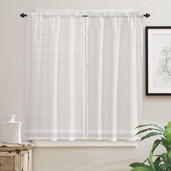Beige Stripes Window Curtains 63 Inch Length, Modern Art Rustic Cream Striped Rod Pocket Window Treatment Kitchen Drapes for Bedroom, Cafe, Living Room, 2 Panels, 42 W x 63 L