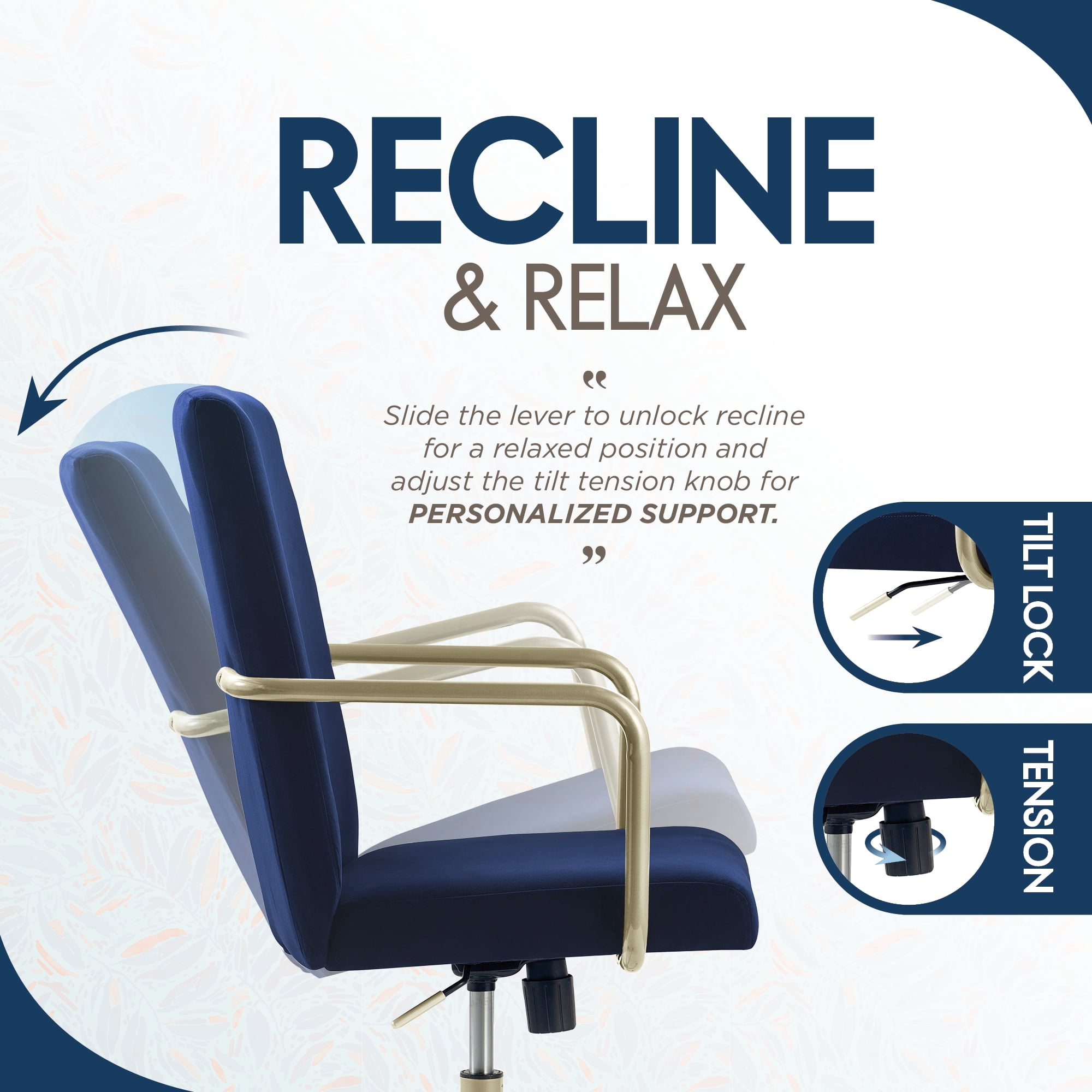 Elle Decor Giselle Modern Home Office Desk Chair, High Back Adjustable Computer Chair with Gold Arms, Base and Wheels, Velvet Fabric, Navy Blue