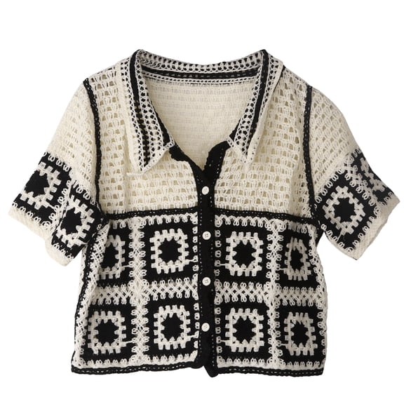 Yokua Hollow out Knit Tank Top Women Vintage Sweet Crochet Short Sleeve T Shirt