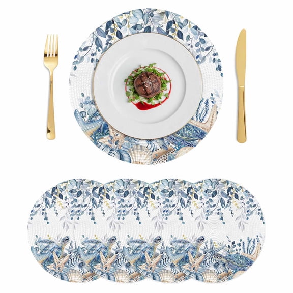Blue Turtle Coastal Round 13 Inch Placemats Set of 4, Beach Coral Nautical Starfish Sea Eucalyptus HeatResistant Non Slip Place Mats for Dining Table, Wipeable Kitchen Table Mats for Housewarming