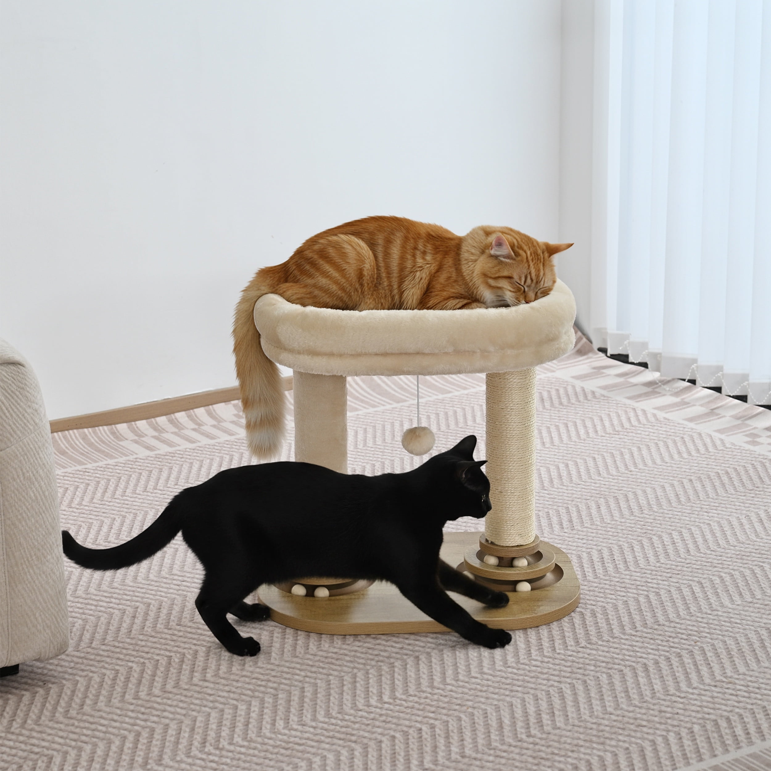 Vibrant Life Double-Post Cat Scratching Post with 2-Level Track Ball, Beige
