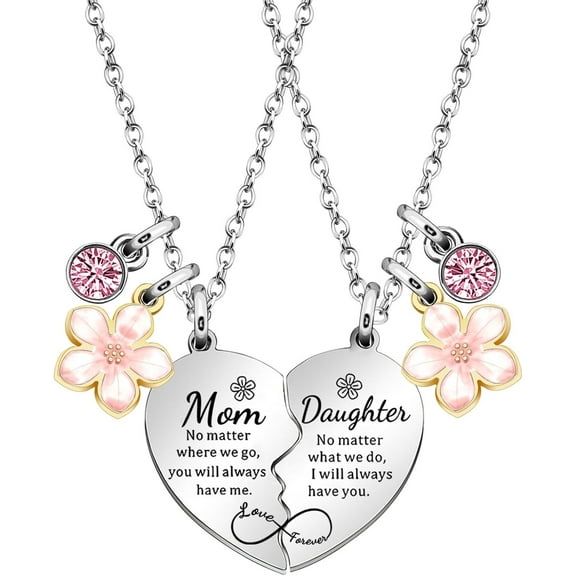 2Pcs Mother Daughter Heart Matching Pendant Necklace Set Gifts For Mom Mothers Day Birthday Christmas Presents From Daughter Mothers Day Gifts for Mom
