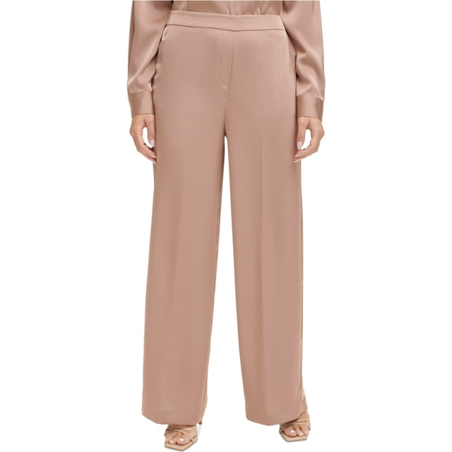 Calvin Klein Womens Pull On Satin Wide Leg Relaxed Casual Pants, beige, XL