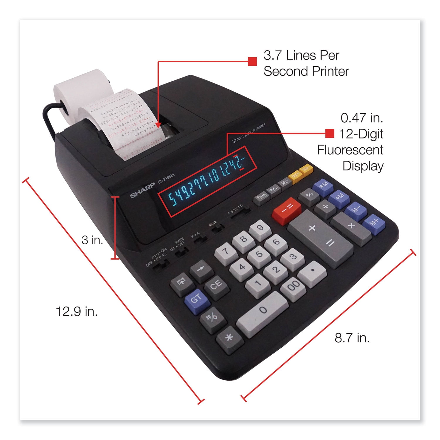 1PC Sharp EL2196BL Two-Color Printing Calculator, Black/Red Print, 3.7 Lines/Sec