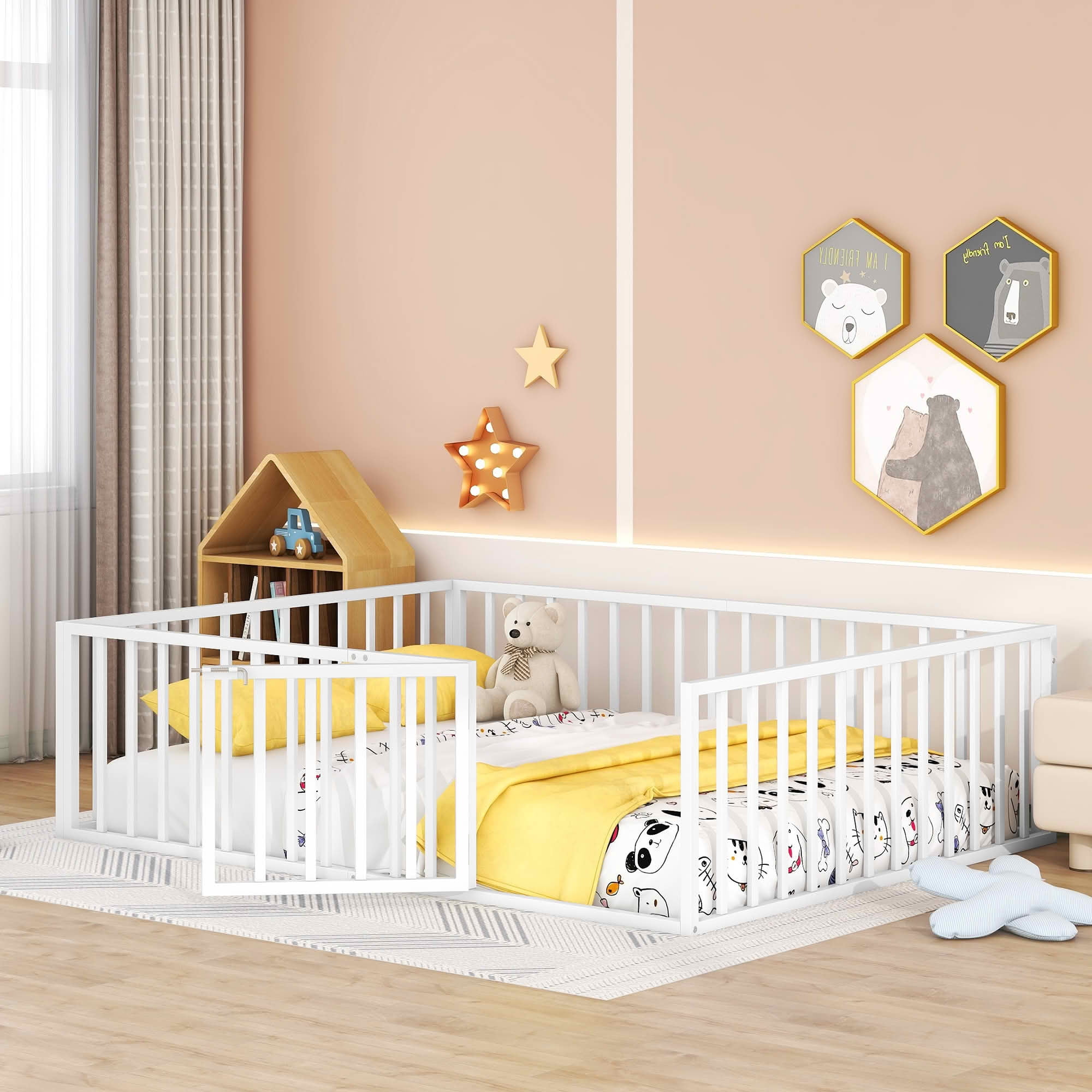 MAYEERTY Metal Floor Bed Frame with Fence and Openable Door Kids Play and Sleep Space