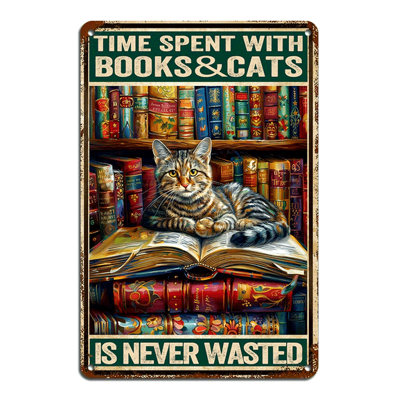 Cat Posters Time Spent With Books And Cats Reading Books Poster Funny Cat With Book Posters For Wall Art Cats Kitty Sign Cat Metal Tin Signs Book Club Poster Gift For Bar Home Decor 8x6 Inch