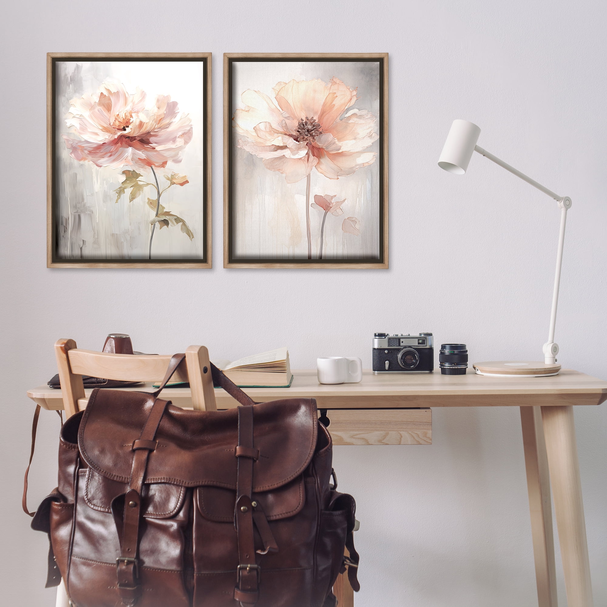 Stupell Industries Soft Pink Budding Flowers Plants & Flowers Painting Brown Floater Framed Canvas Art Print Wall Art, 21 x 31, Set of 2