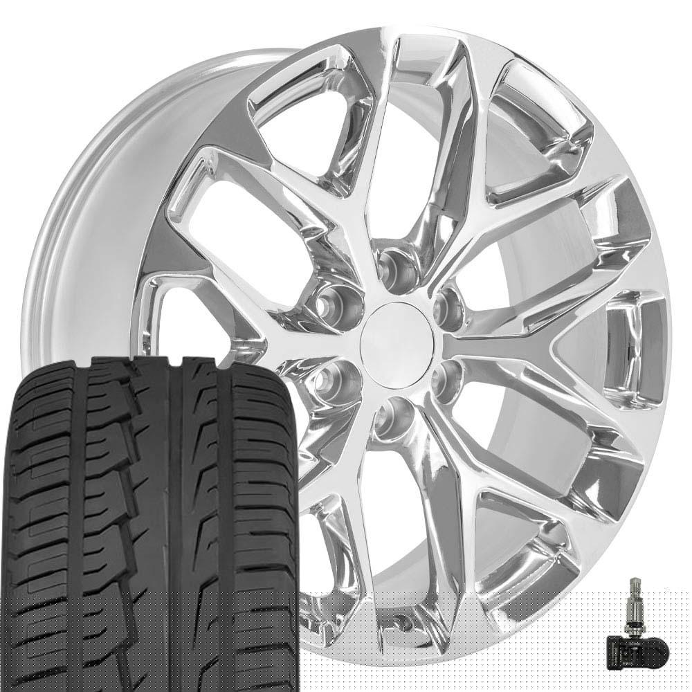 OE Wheels CV98 22 Inch Rims and Tires Fit Silverado 1500 Snowflake Style  22x9 Chrome - Hollander 5904 - iMove Gen 2 SUV 285/45-22 (Set of 4)