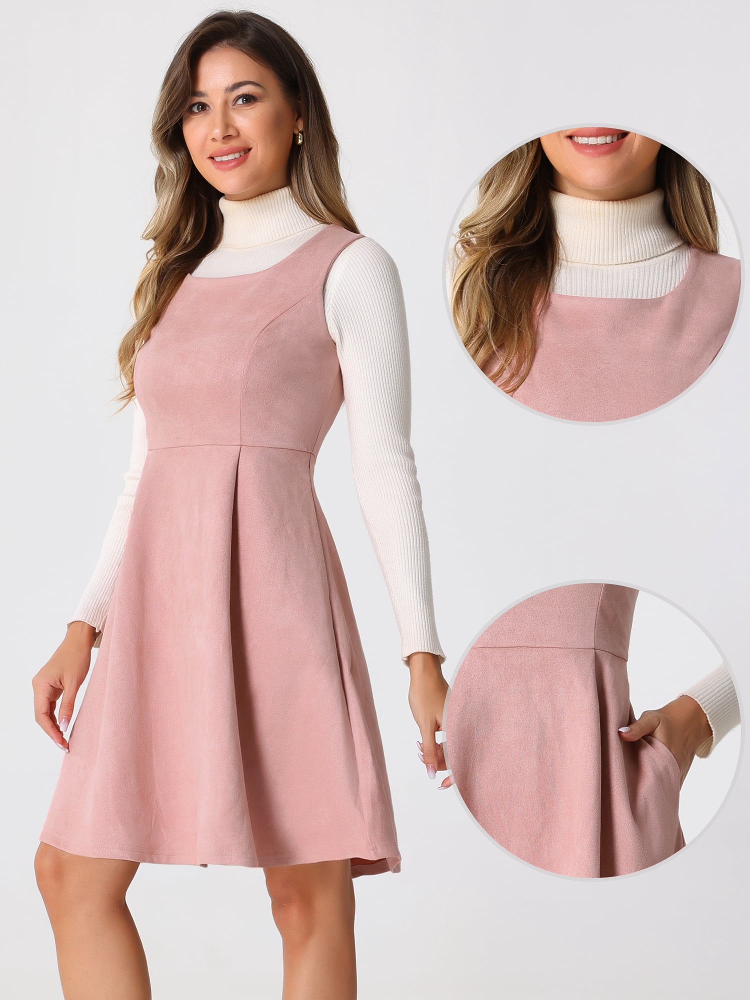DARING DIVA Round Neck Sleeveless A-Line Pleated Faux Suede Overall Dress S Pink