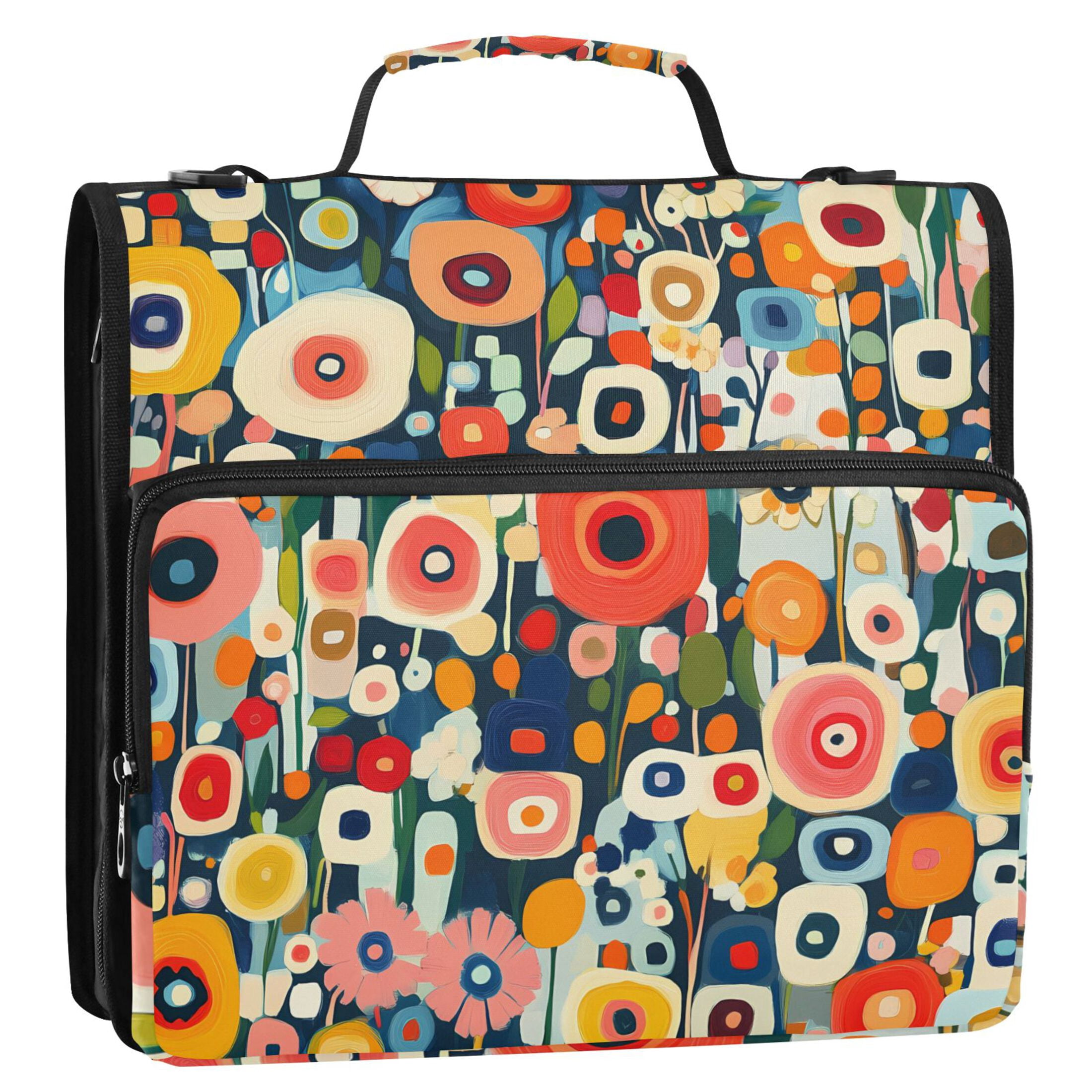 3 Ring Zipper Binder with Shoulder Strap Waterproof Trapper Keeper 2 Inch D-Ring 500 Sheets Capacity Abstract Colorful Small Flowers