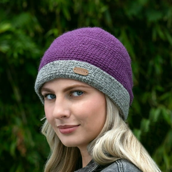 Purple Crochet Turn-Up Beanie Cap By Erin Knitwear, One Size