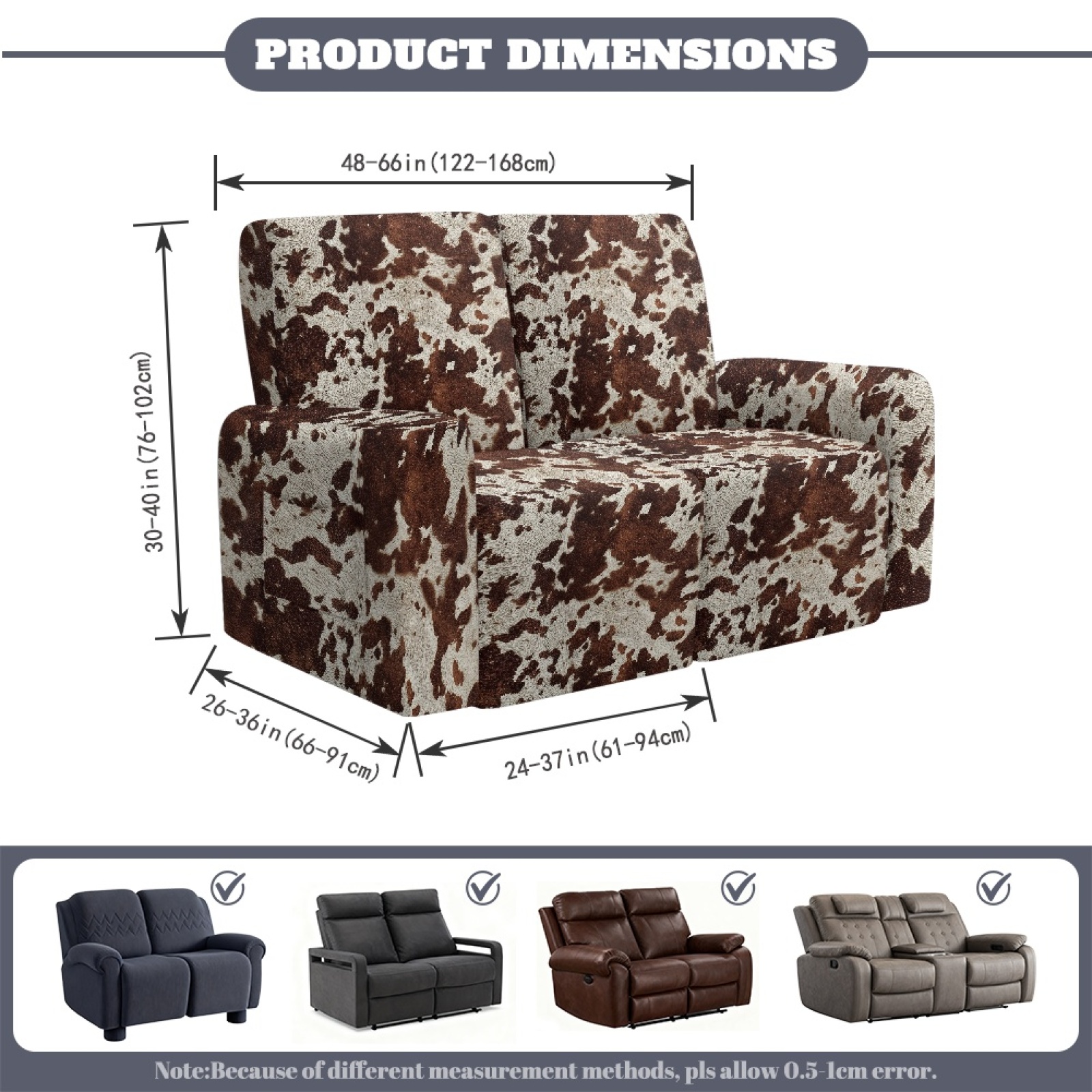Xoenoiee Brown Cow Pattern 6-Piece Recliner Sofa Covers Stretch Reclining Couch Covers for 2 Cushion Reclining Sofa Slipcovers Furniture Covers Thick Soft Washable