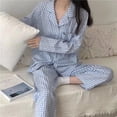 thumbnail image 2 of Pijama informal de manga larga para mujer, ropa de dormir, pantalón a cuadros, ropa de dormir con botones, conjunto de 2 piezas, traje de noche con bolsillo, 2 of 4